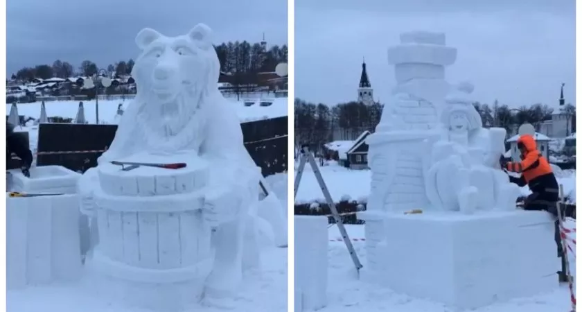 Фото к статье: В Александрове появились Емеля на печи и медведь из снега