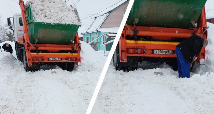 Водитель застрявшего в снегу снеговоза пытался откопаться лопатой