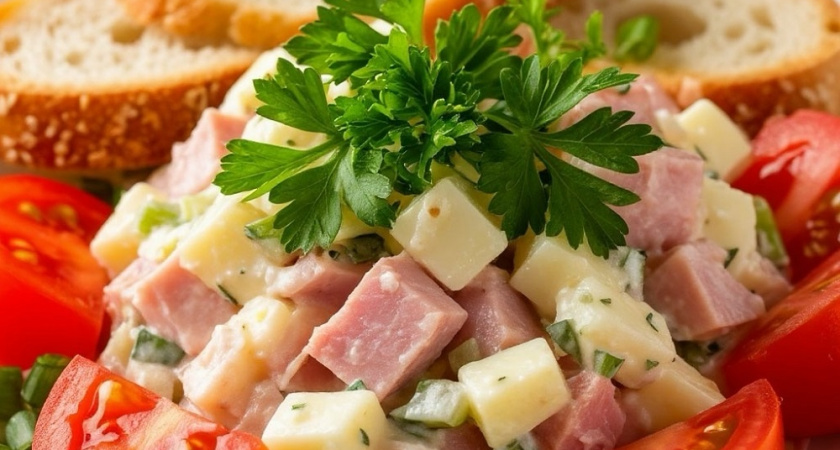 Быстрый салат без варки: колбасный сыр, свежие овощи и 5 минут времени