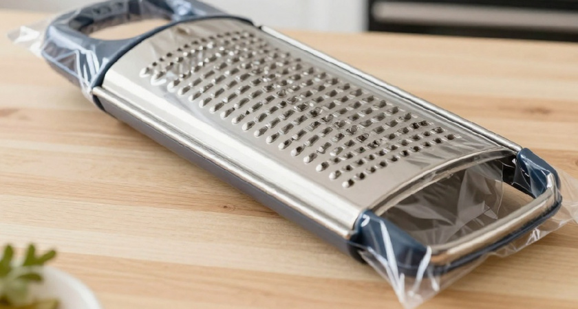 Натягиваю пакет на тёрку перед тем, как тереть чеснок: простой лайфхак для тех, кто ненавидит отмывать тёрку — потратила на мытьё 10 секунд 