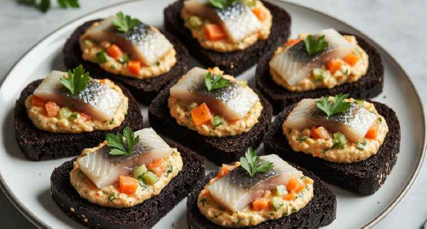 Мировая закуска «Тартинки с сельдью»: черный хлеб, намазка и малосольная селедочка — простой рецепт для праздничного стола