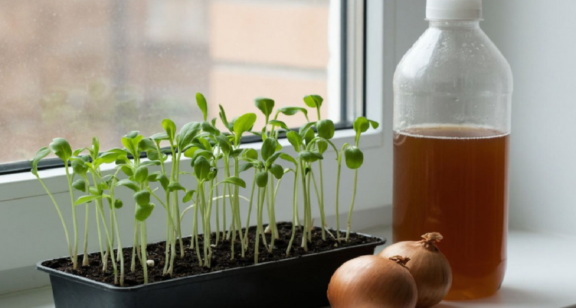 Если рассада выглядит уставшей — взбадриваю ее этим раствором: копеечное средство из луковой шелухи. Бабушкин способ, про который все забыли