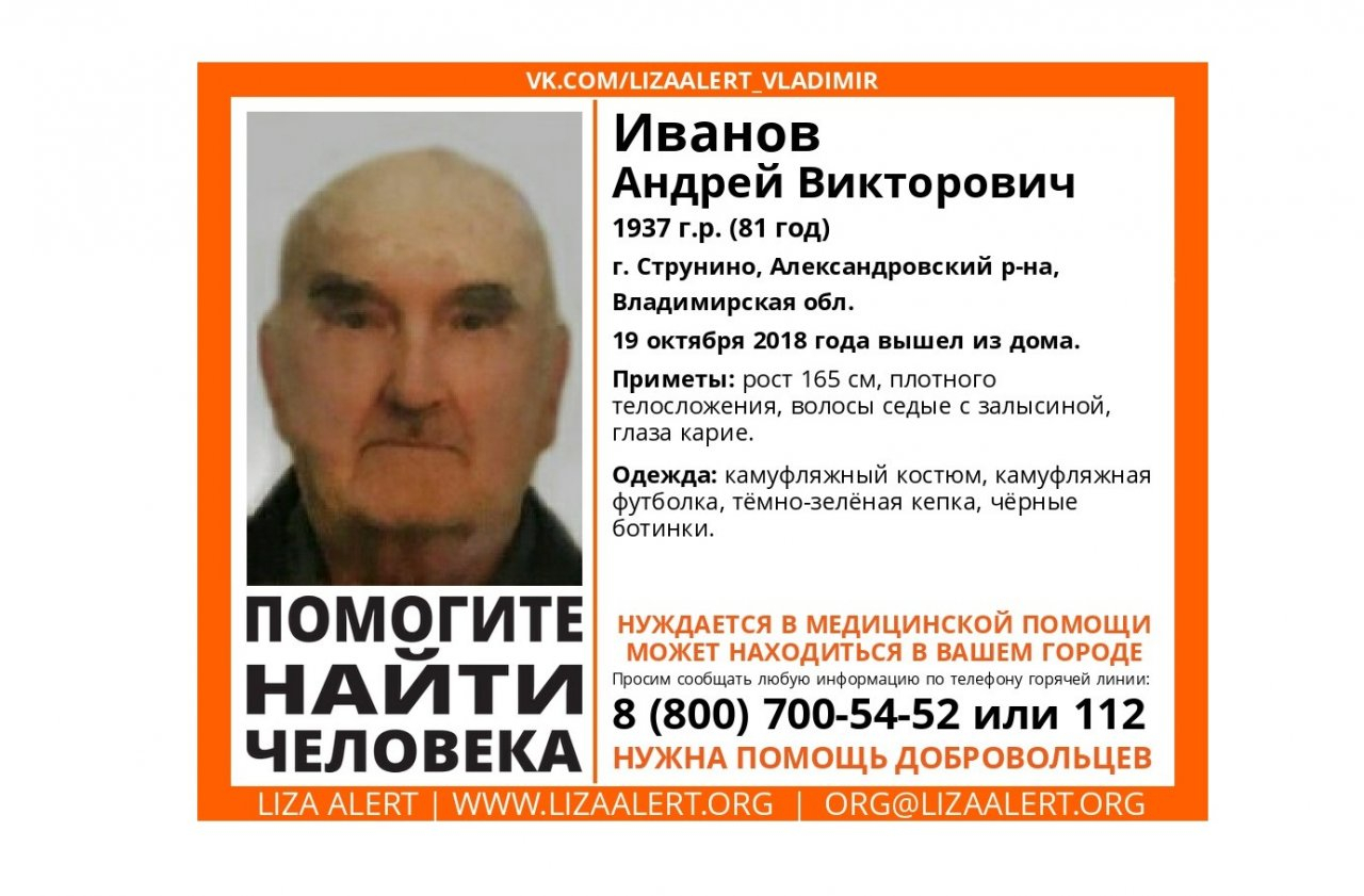 Владимирцев просят помочь в поисках пожилого жителя Струнино