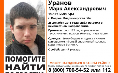 Во Владимирской области без вести пропал 14-летний парень