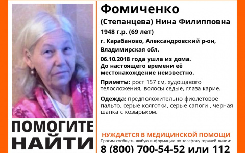 Во Владимирской области пропала 69-летняя женщина с карими глазами