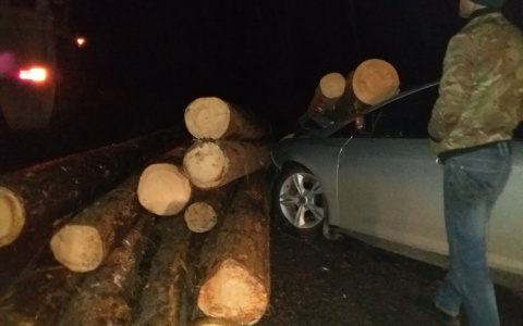 В Киржачском районе иномарку раздавило бревнами