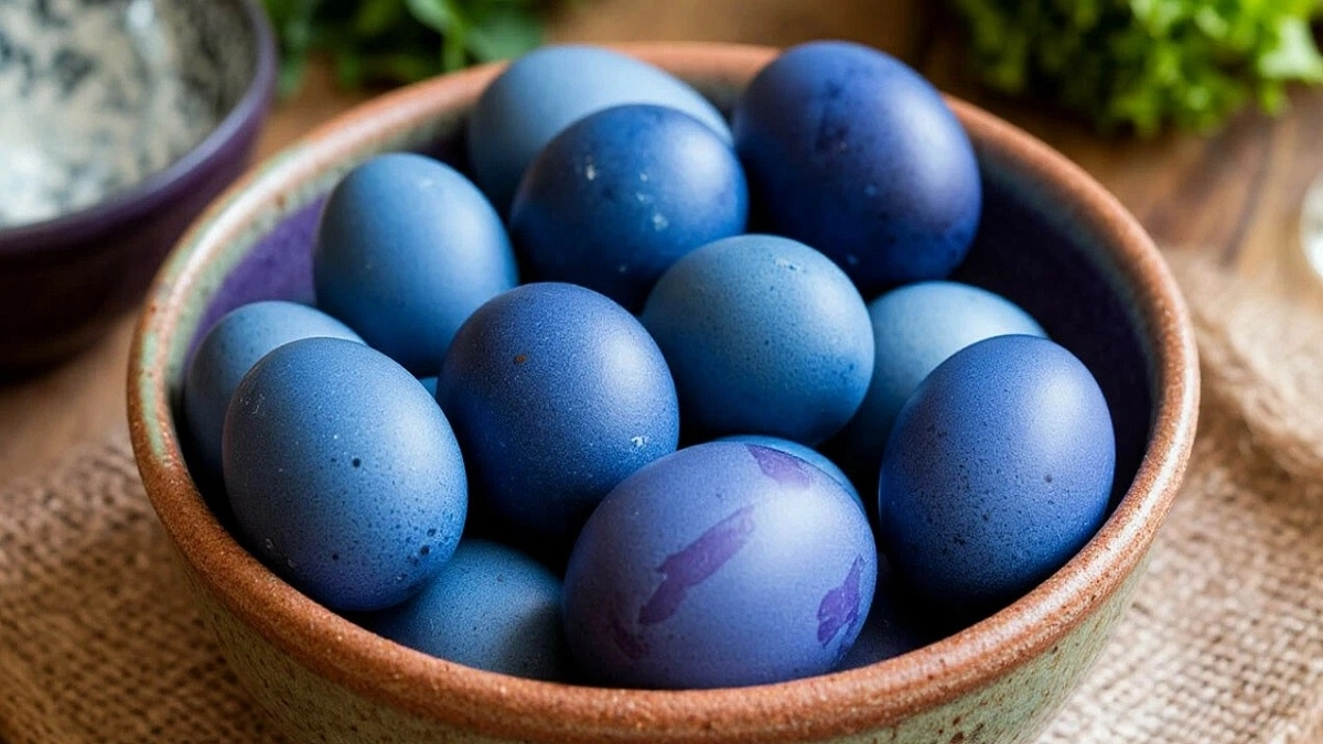 Луковая шелуха и наклейки - прошлый век, теперь я крашу яйца краснокочанной капустой - получается красивый голубовато-синий оттенок 