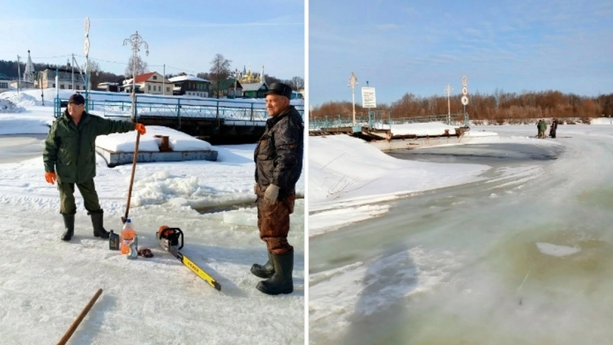 Для пропуска паводка у мостов во Владимирской области ведут распиловку льда