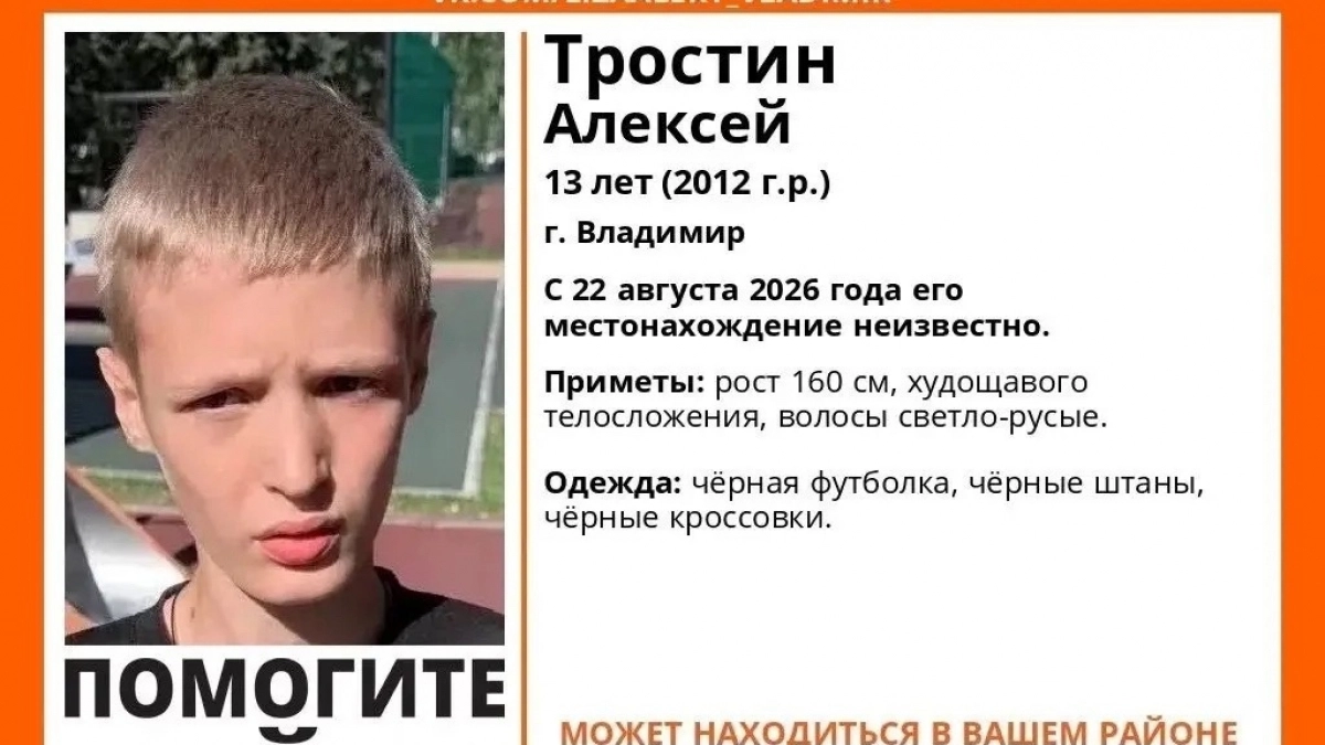 Во Владимирской области 13-летний мальчик ушел из дома и не вернулся