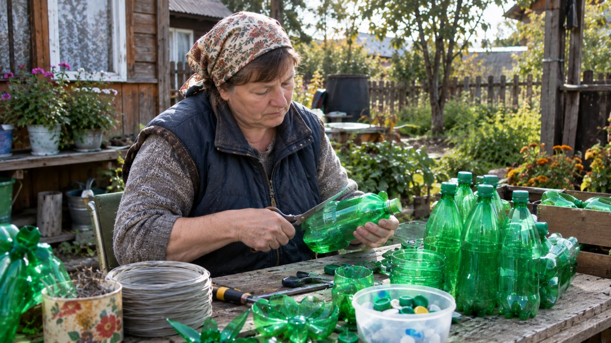 Зелёные пластиковые бутылки откладываю к Новому году: мастерю праздничную красоту для участка — эксклюзив для года Красной Козы