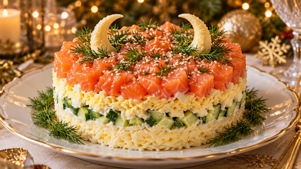 Новогодний салат «Золотые рожки» с семгой и сырками: нежный, яркий и без привычных картошки и моркови — Огненная Коза оценит