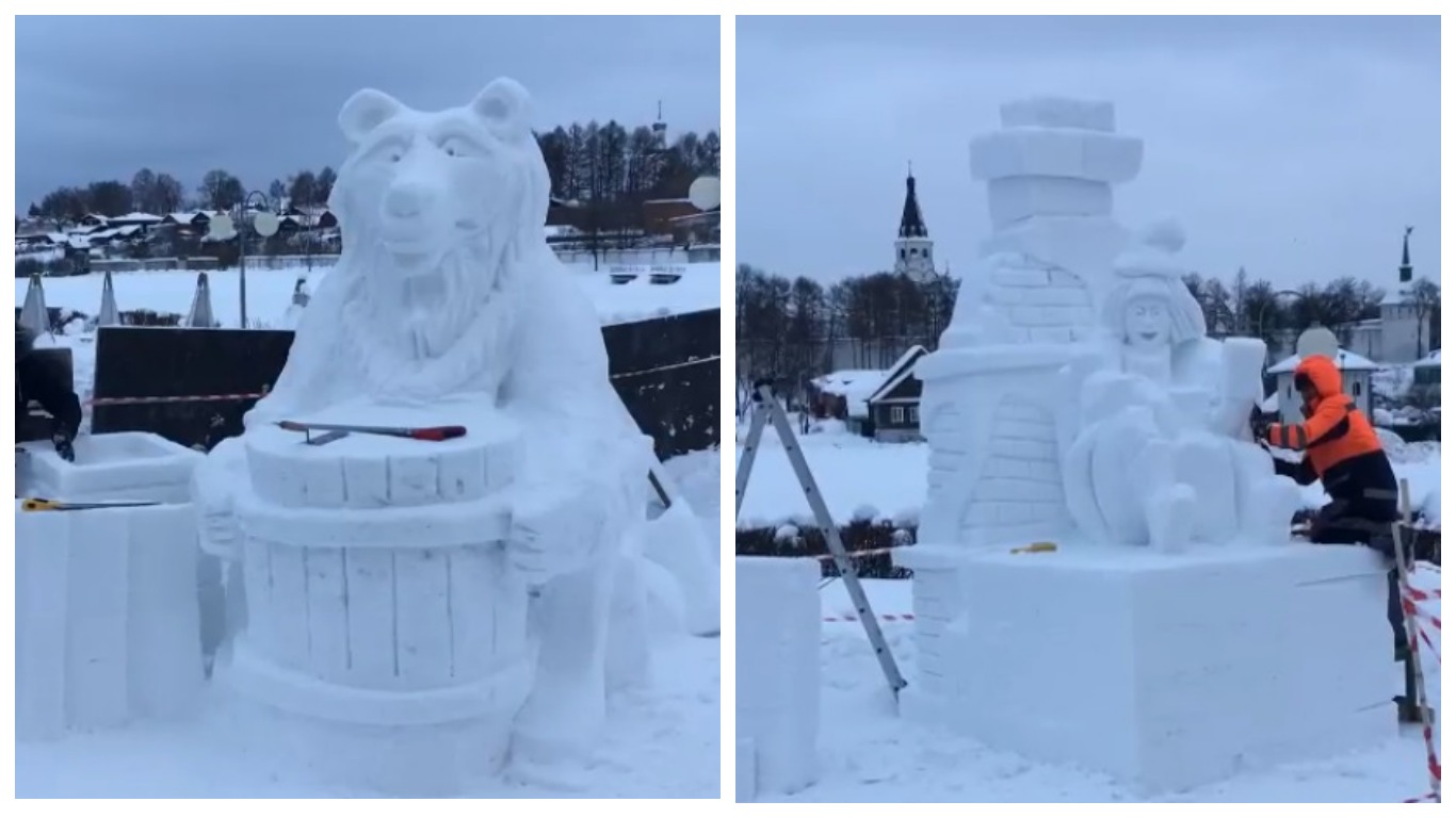 В Александрове появились Емеля на печи и медведь из снега